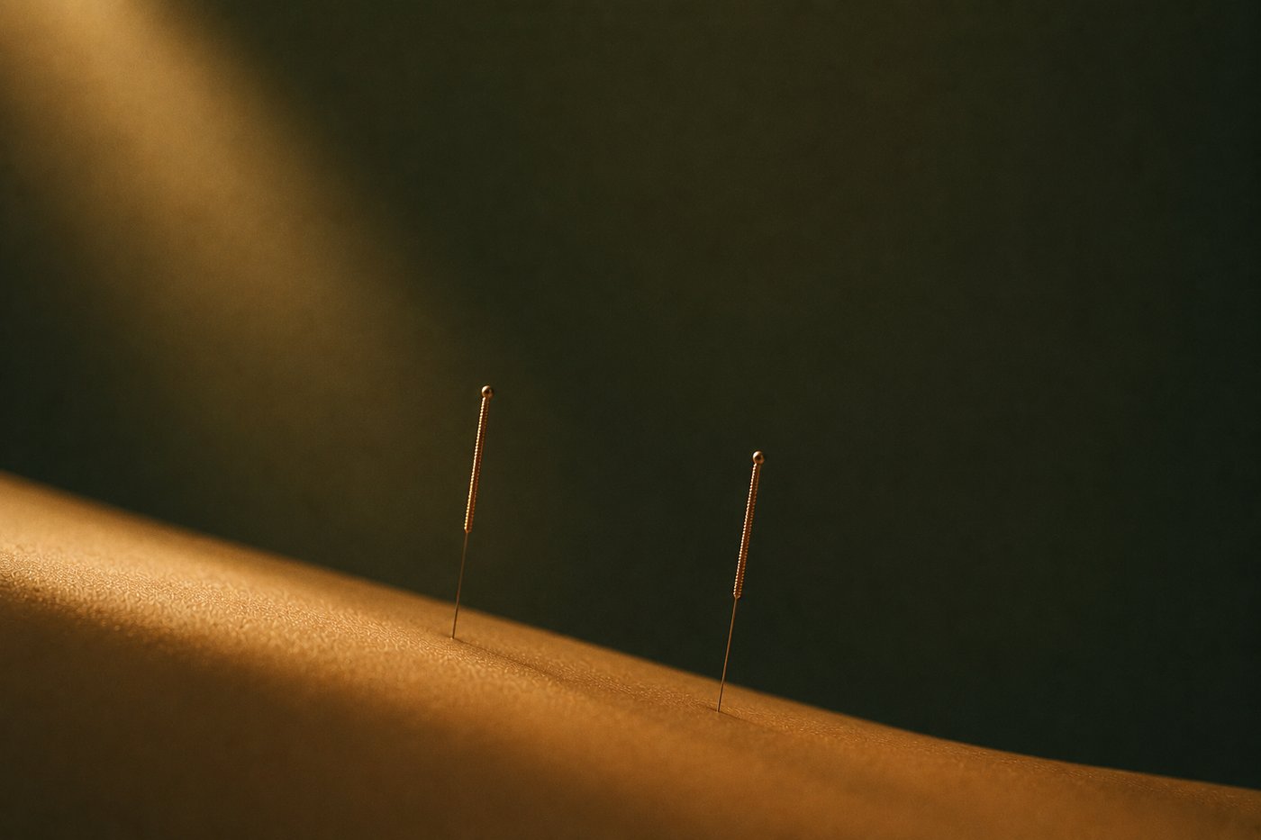 Two fine acupuncture needles resting along the skin in warm, low light